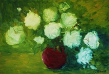 "White Roses in Blood Red Vase"