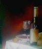 "Table with wine and soup"