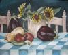 "Sunfrlowers On Blue Table Cloth"
