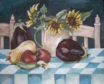 "Sunfrlowers On Blue Table Cloth"
