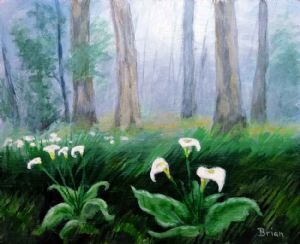 "Arum Lilies in a Misty Forest"