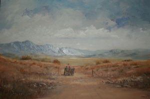 "Donkey Cart with Distant Mountain"