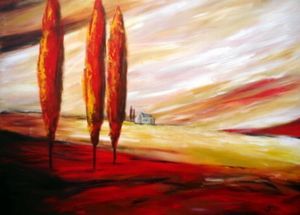 "Red skies and trees"