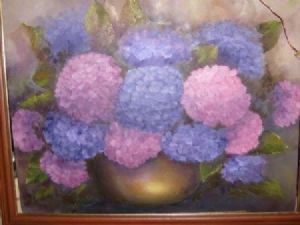 "Hydrangeas in copper pot"