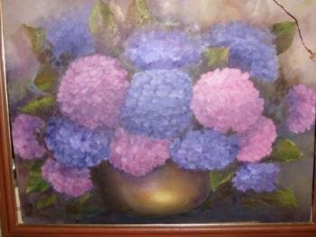 "Hydrangeas in copper pot"