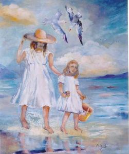 "Two daughters on beach"
