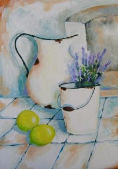 "Lavender Flowers in An Enamel Bucket"