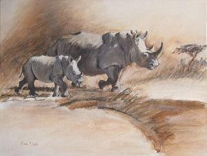 "White Rhino and Calf"