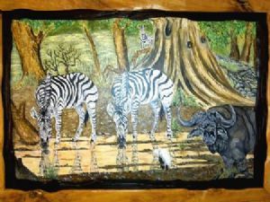 "Zebras Drinking With Buffalo"