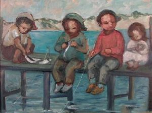"Four Children Fishing at Jetty"