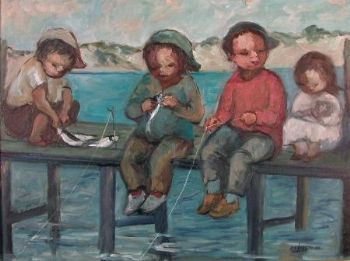 "Four Children Fishing at Jetty"