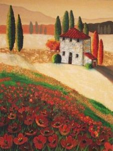"Flower Field and House- Die Blomme Veld en Huis"