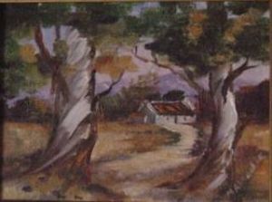"Farmhouse and Gum Trees"
