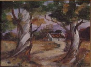 "Farmhouse and Gum Trees"