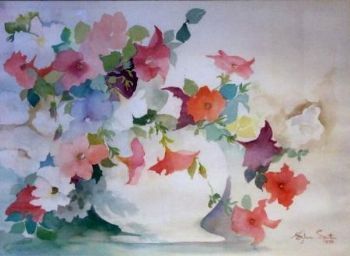 "Petunias in White Bowl"