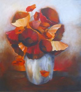 "Red and Orange Poppies in Vase"