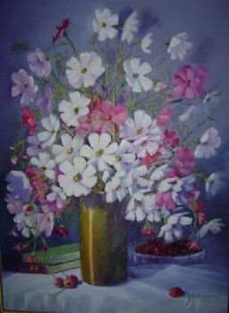 "Cosmos with books and cherries"
