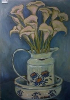 "Arum lilies in Enamel Jug"