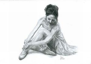 "Ballerina tying shoes"