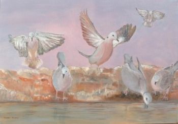 "Doves Visiting a Waterhole"