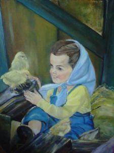 "Girl Playing With Chicks on Farm"