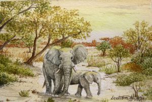 "Miniature - Elephant and calf at Sunset"