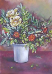 "Pomegranate Flowers in White Vase"