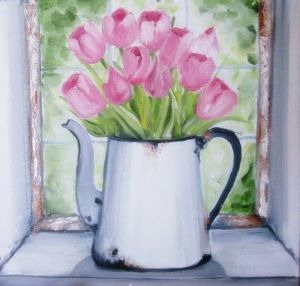 "Tulips in Enamel Jug"