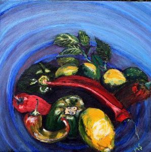 "Still Life With Lemons and Peppers in Blue Bowl"