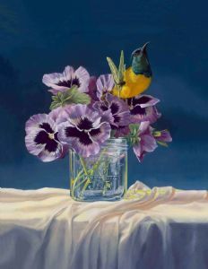 "001 African Sunbird in Pansies- Giclée"