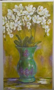 "Orchids in green vase"