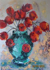 "Red Tulips In Emerald Pot"