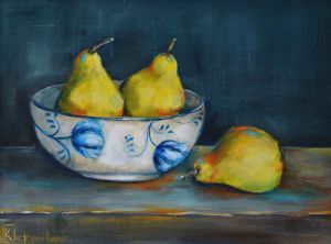 "Two Pears in Antique Bowl"